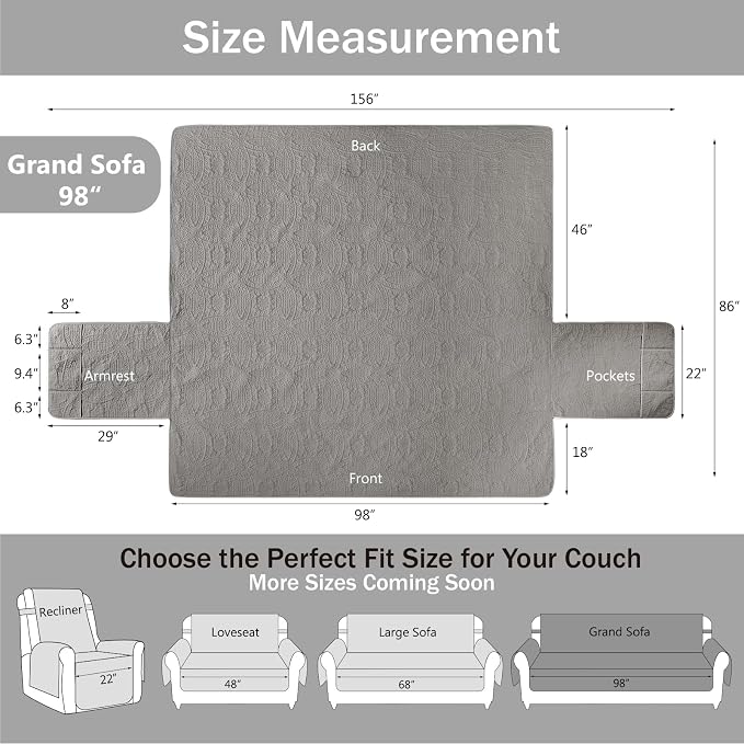 Quilted Grand Sofa Covers for 4 Cushion Couch, Couch Cover for Grand Sofa Washable, Soft Cozy Couch Protector, Oversized Grand Sofa Slipcovers Water-Repellent (Grand Sofa 98", Cool Gray)