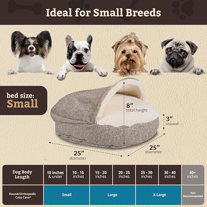 Snoozer Cozy Cave Dog Bed - Indoor Dog Bed with Cover Cave, Covered Calming Burrow for Small Sized Pets with Blanket Attached, Enclosed, Removable Washable Cover - Small, Merlin Linen