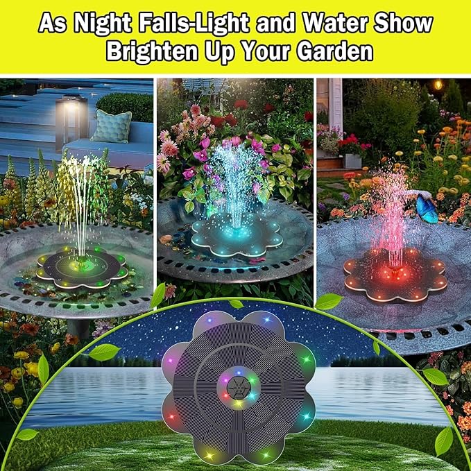 SZMP Flower Shape 3.5W Solar Powered Water Fountain with 2000mAh Battery & Colorful RGB Light Show, Anti-Drift Fixer & 7 Nozzles, Solar Fountain for Bird Bath, Garden Decor