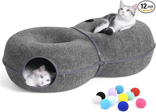 8-Shaped Large Cat Tunnel Bed for Indoor Cats, Infinite Circulation Peekaboo Cat Cave with 12 Toy Balls, Cat Donut Tunnel for Cats up to 30 Pounds (Dark Grey, L 38x24x11in)