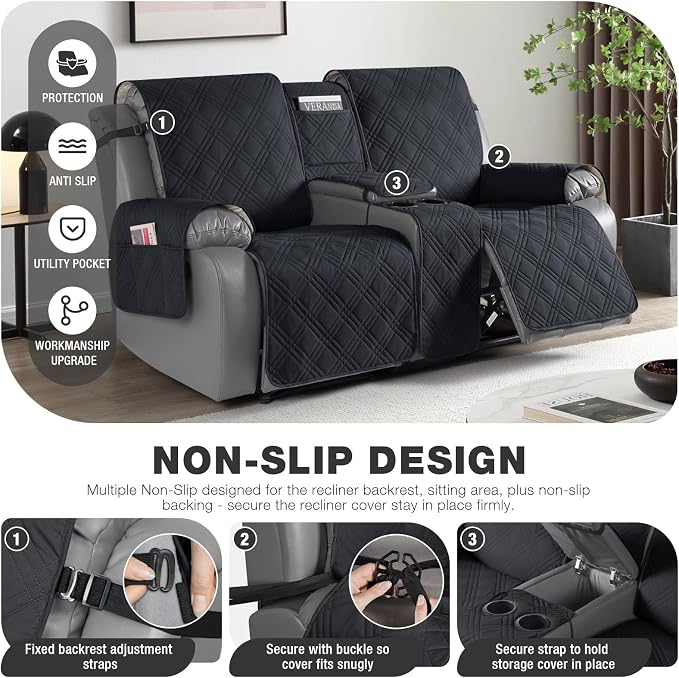 TAOCOCO Waterproof Loveseat Recliner Cover with Console, Non-Slip Reclining Loveseat with Console Cover with Pocket, Split Recliner Sofa Covers Furniture Protector for Pets Dogs(2 Seater, Black)