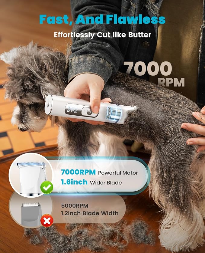 oneisall 4 in 1 Dog Grooming Kit with LCD Display, Dog Hair Trimmer for Paw Nail Grinder, Rechargeable Cordless Low Noise IPX7 Waterproof Pet Clippers (White)