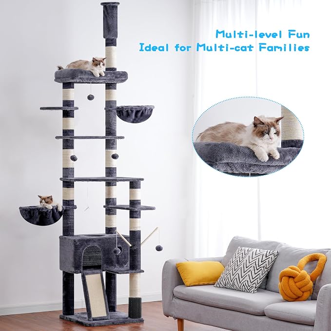 Hey-brother Cat Tree, 98.4-110.2 Inches Floor to Ceiling Cat Tree-Adjustable Height, Tall Cat Climbing Tower for Cats Large Adult with Scratching Post, Cat cando, Smoky Gray 0MPJ091G