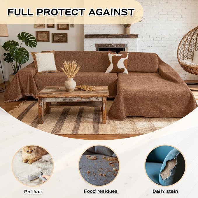 MYSKY HOME Sectional Slipcover Furniture Protector, Couch Cover for Sectional Sofa — 2 Pieces Sofa Cover for L Shape Sofa for Pet, Kid, Blanket for 3-4 Cushion Couch (71"x118"+91"x134", Camel)