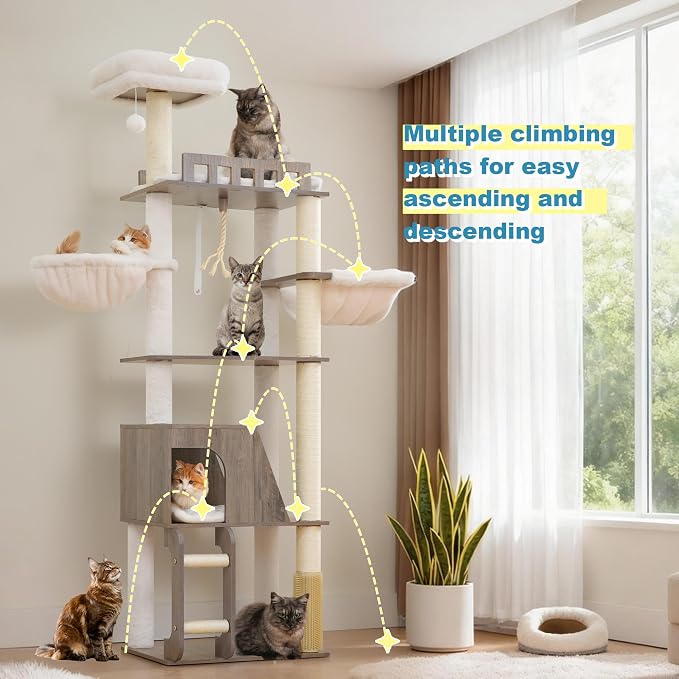 Hey-brother Wooden Cat Tree, 69.7 inch Cats Furniture Tower with Large Platforms, Hammocks, Spacious Condo, Full Sisal Scratching Posts, Ladder, Brush, Water Proof Surface, Rustic Gray MPJ121SG