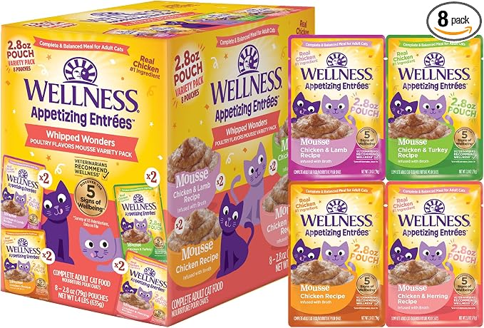 Wellness Appetizing Mousse Flaked Variety Pack Adult Wet Cat Food, Natural, Protein Rich, Grain Free, Whipped Wonders, 2.8 oz, Pack of 8 Pouches
