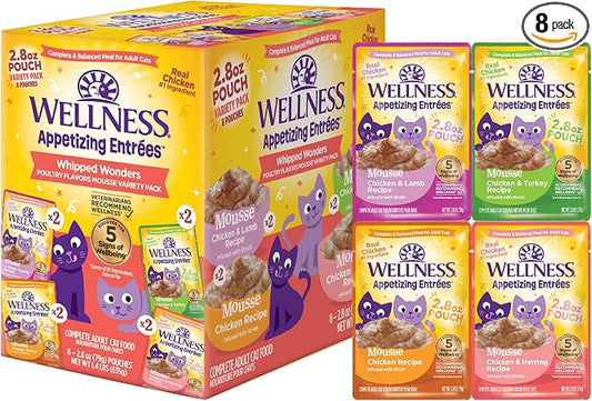 Wellness Appetizing Mousse Flaked Variety Pack Adult Wet Cat Food, Natural, Protein Rich, Grain Free, Whipped Wonders, 2.8 oz, Pack of 8 Pouches