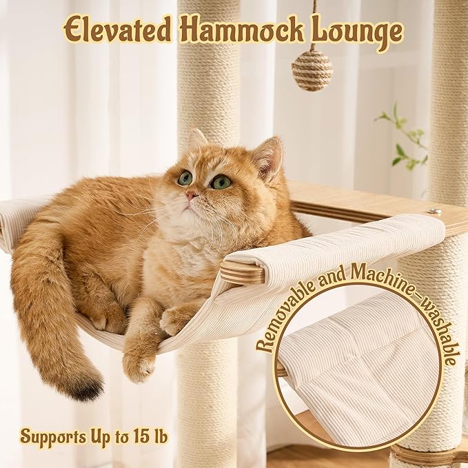Modern Solid Wood Cat Tree for Indoor Cats Up to 15lbs, 49" Tall Cat Tower with Scratching Posts & Scratcher, Large Cat Bed, Hammock, Capsule Nest, Dangling Ball, Multi-Level Cat Furniture