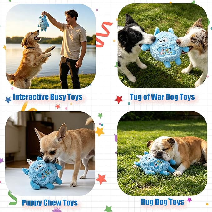 Plush Dog Birthday Toy for Girl Boy Gifts, Crinkle Squeaky Dog Toy Keep Them Busy Tug of War Stuffed Dog Chew Toy for Small Medium Large Dogs (Sky Blue)