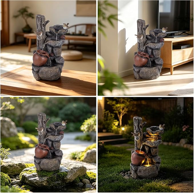 18.9" H Water Fountain Outdoor/Indoor, Garden Fountain with LED Lights, Rock Pottery Jar Waterfall Fountain for Patio Porch Yard Backyard Farmhouse