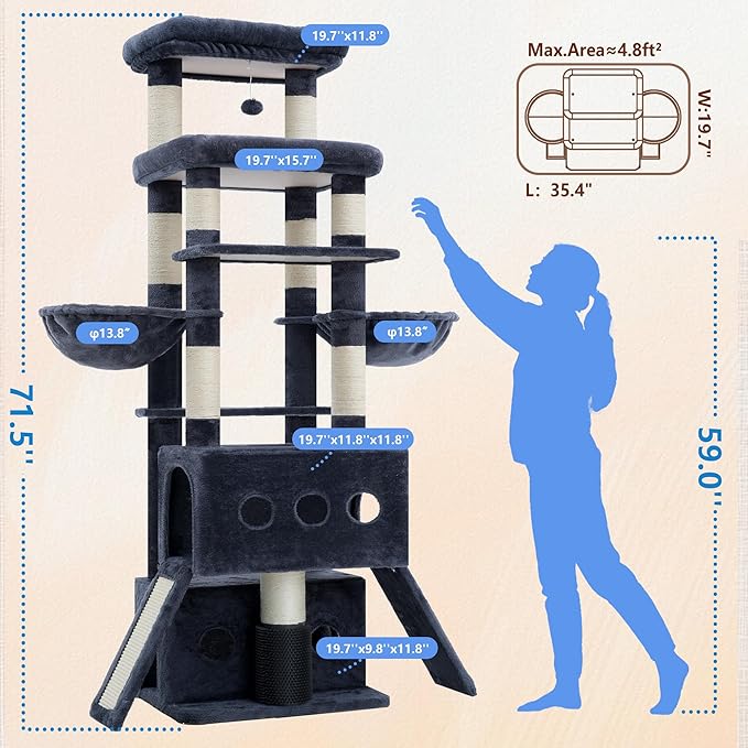 Hey-brother Cat Tree Tower, 71.5 Inches Scratching Posts with Extra Large Platform, 2 Cozy Condos, 2 Hammocks and Scratch Boards, Multi-Level House for Multiple Indoor Cats, Smoky Gray MPJ085G