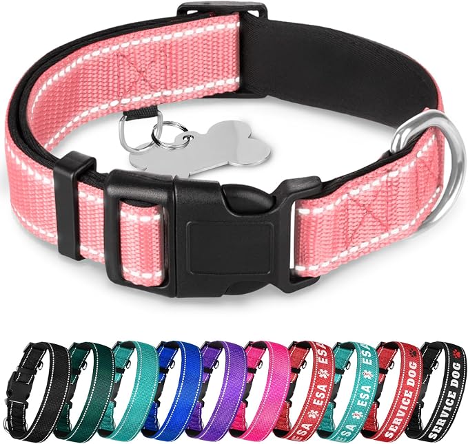 TECEUM Reflective Dog Collar – Pink – XL – Extra Soft Padding – Basic Nylon Pet Collar – Quick Release Buckle – Fits Small, Medium and Large Dogs, Puppies, Cats – ESA & Service Dog Options
