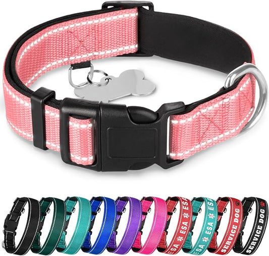 TECEUM Reflective Dog Collar – Pink – XL – Extra Soft Padding – Basic Nylon Pet Collar – Quick Release Buckle – Fits Small, Medium and Large Dogs, Puppies, Cats – ESA & Service Dog Options
