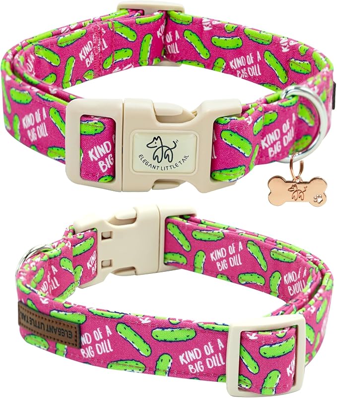 Elegant little tail Dog Collar, Dill Pickle Print Pink Puppy Male Adjustable Cotton Pet Collar with Quick Release Buckle for Small Medium Large Dogs