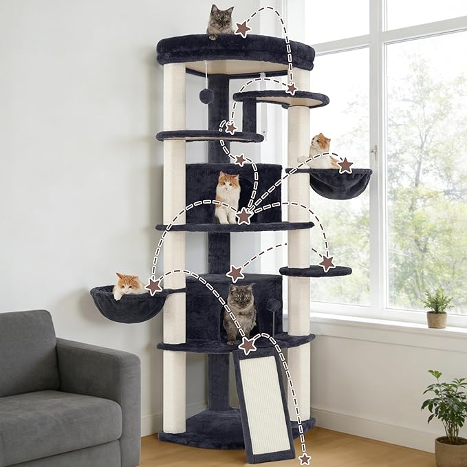 Gitelsnour Corner Cat Tree for Indoor Cats, Cat Tower with All Sisal Scratching Posts, Multi-Level Cat Condo wth 2 Large Cat Caves, Big Top Perch, 2 Hanging Baskets, Sisal Ramp, Drak Gray GCT035G