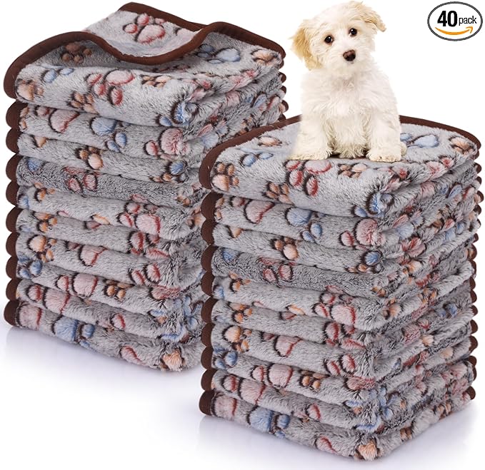 Chumia 40 Pcs Dog Blankets Soft Fluffy Fleece Washable Puppy Sleep Blankets Small Mat for Pets Throw Warm Bed Mat for Dog Puppy Cat (Black,Paw)