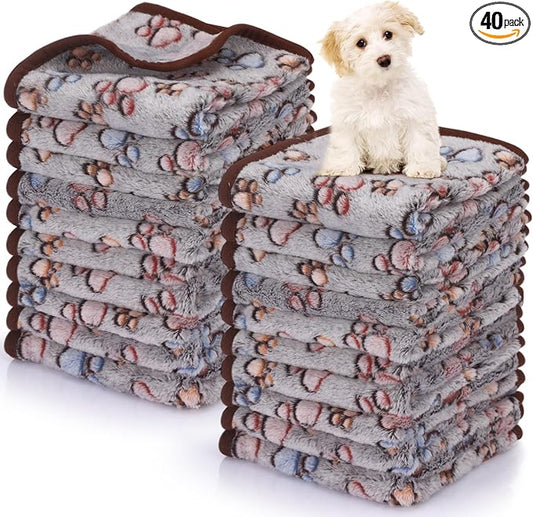 Chumia 40 Pcs Dog Blankets Soft Fluffy Fleece Washable Puppy Sleep Blankets Small Mat for Pets Throw Warm Bed Mat for Dog Puppy Cat (Black,Paw)