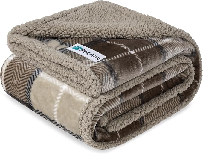 PetAmi Waterproof Dog Blanket for Couch, Pee Proof Sherpa Fleece Reversible Pet Throw, Furniture Protector for Bed Sofa Kennel, Soft Washable Cover for Small Medium Dog Puppy Cat, 29x40 Plaid Taupe