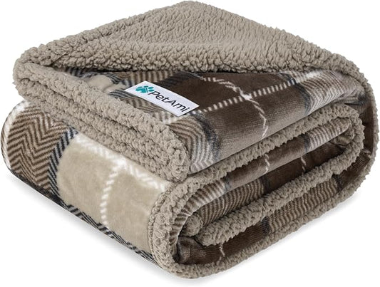 PetAmi Waterproof Dog Blanket for Couch, Large 60x40, Pee Proof Sherpa Fleece Reversible Pet Throw, Furniture Protector for Bed Sofa Kennel, Soft Washable Cover for Medium Dogs Cats, Plaid Taupe