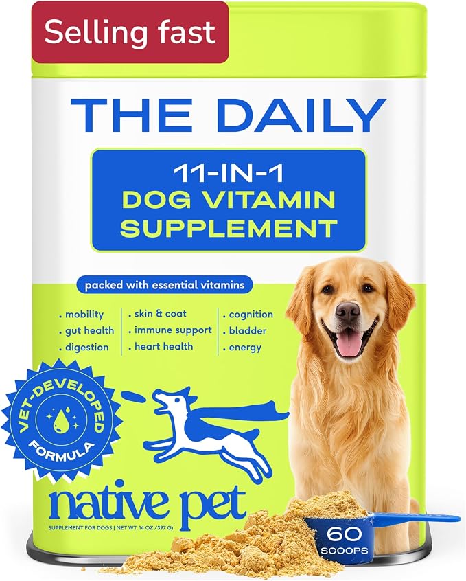 Native Pet The Daily Dog Vitamins & Supplements - 11-in-1 Multivitamin Powder for Dogs - Supports Whole Body Health, Digestion, Mobility & Immunity with Collagen, Glucosamine & Probiotics – 60 Scoops