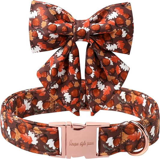 Unique style paws Cartoon Dog Collar with Bowtie Autumn Puppy Collar with Hazelnut Maple Leaf for Small Medium Large Boys Girls Dogs