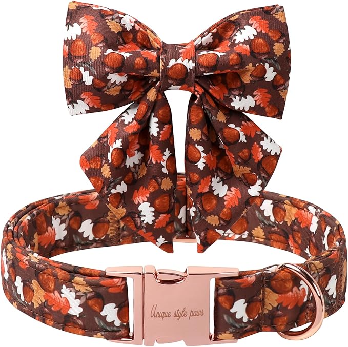 Unique style paws Cartoon Dog Collar with Bowtie Autumn Puppy Collar with Hazelnut Maple Leaf for Small Medium Large Boys Girls Dogs