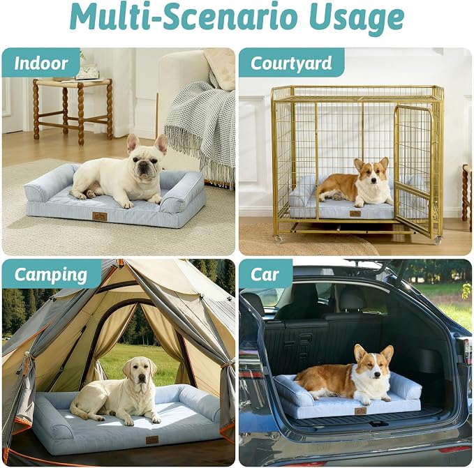 COZY KISS Cooling Dog Bed for Extra Large Dogs, 48"x32" Orthopedic Foam Sofa with Bolster Sides, Q-Max >0.4 Cooling Technology, Cool Pet Bed with Removable Washable Cover, Blue