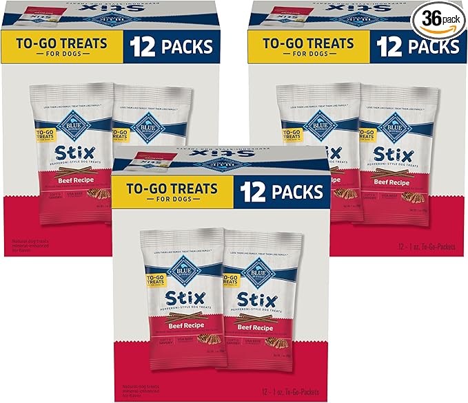 Blue Buffalo Stix Natural Soft Moist Dog Treats Togo Beef Recipe, 1oz Bags, (Pack of 36)