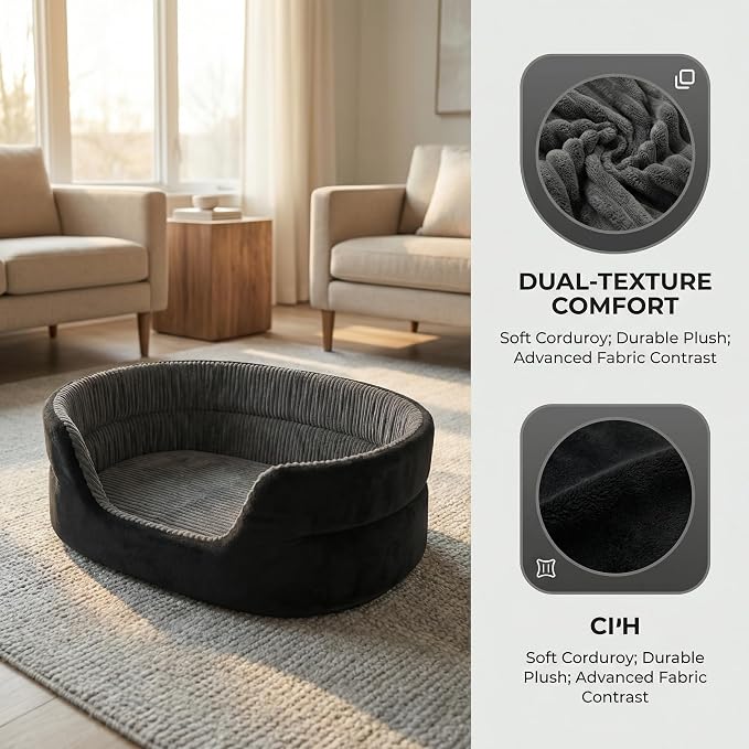 Medium Dog Bed Cat Bed 18x26 Inch, Calming Pet Bed for Dogs & Cats, Machine Washable Dog Bed，Half-Enclosed Open-Top Velvet Anti-Anxiety Bed, Cozy Snuggle Bed (Black)