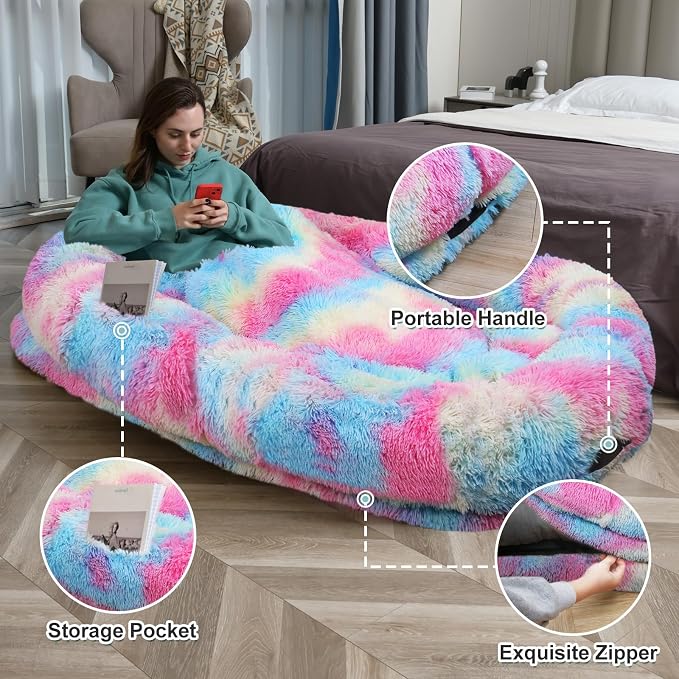 YAEM Human Dog Bed for Adult and Pets - 71"x45"x12" Dogs Beds for Humans with Washable Faux Fur Cover, Plump Pillow, Blanket, Orthopedic Design, Strap-Rainbow