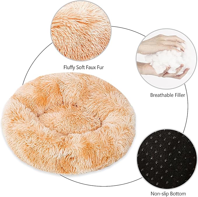Calming Dog Bed for Medium Dogs Cats, Puppy 31'' Round Anti-Anxiety Warm Fluffy Plush Faux Fur Bed, Soft Anti-Slip Donut Washable, Cozy Medium Puppy Bed, Fits up to 50 lbs Pets