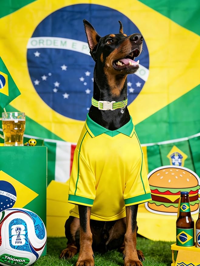 World Cup Brazil Dog Collar with Soccer Pendant, 5-Star Champion Pattern for Extra Large Girl Boy Dogs, Brazil Jersey Style, Adjustable Soft Durable Collar Gift for Male Female Puppy