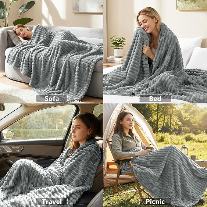 HIMEET Fleece Grey King Size Blanket for Bed - 300GSM Ribbed Soft Cozy Bedding Blanket, House Warming Gifts New Home, Luxury Bedroom Decor Throws, 108x90 Inches