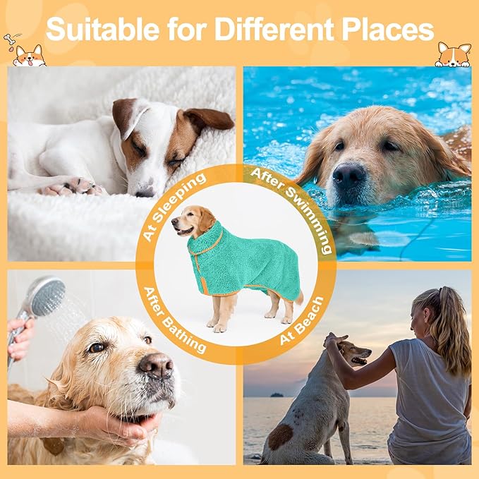 Bienbee Dog Bathrobe, Quick Drying Super Absorbent Pet Robes for Small Medium Large Dogs, Drying Coat for After Bath & Swim, Warm & Cozy Dogs Towels, Dog Puppy Bath Supplies, Lake Green XL