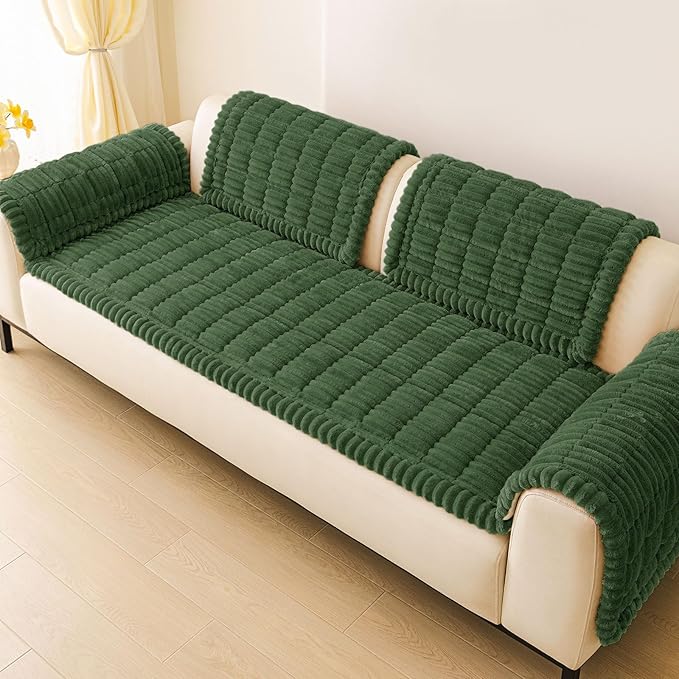 hyha Couch Cover for Dogs Washable, Non Slip Thick Flannel Sofa Protector, Pet Friendly Plush Furniture Cover for Sectional Sofa & Loveseat (Dark Green, 27.6" x 47")