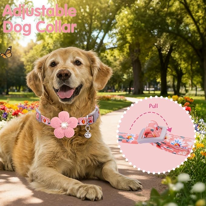 Large Dog Collar with Flower, Dog Collars for Large Dogs Collar for Girl Cute Dog Collar with Bell, Adjustable Length