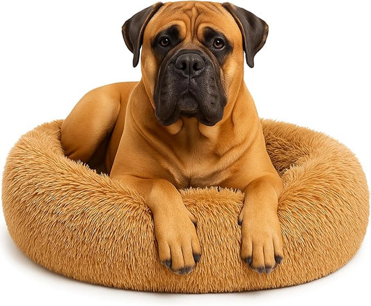 Calming Dog Bed - Fluffy Donut Cuddler for Anxiety Relief, Orthopedic Pet Bed with Non-Slip Bottom, Cozy Round Faux Fur Nest for Dogs and Cats, Plush Crate Mat for Comfort (Camel, X-Large)