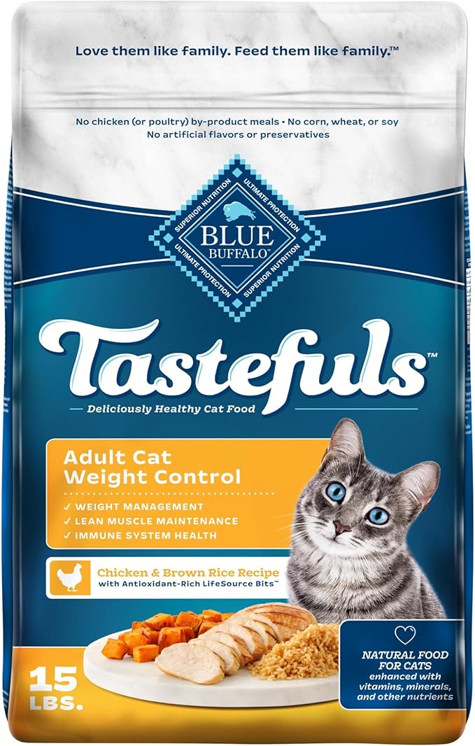 Blue Buffalo Tastefuls Chicken & Brown Rice Recipe Adult Dry Cat Food Weight Control, Real Chicken First, Deliciously Healthy Natural Cat Food, Supports Digestive Care and Coat Health, 15 lbs.
