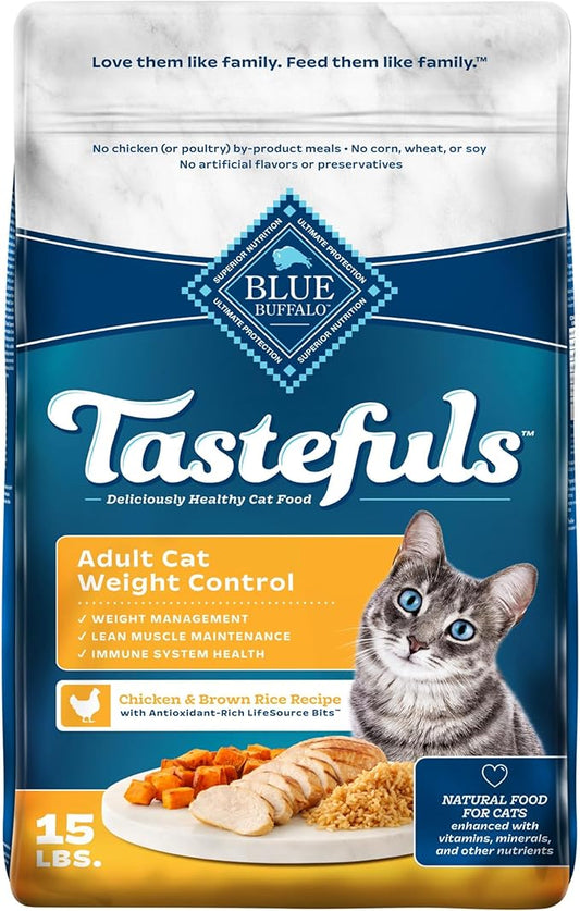 Blue Buffalo Tastefuls Chicken & Brown Rice Recipe Adult Dry Cat Food Weight Control, Real Chicken First, Deliciously Healthy Natural Cat Food, Supports Digestive Care and Coat Health, 15 lbs.
