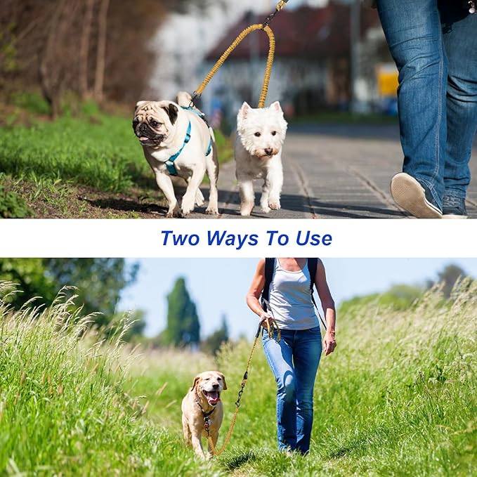 MingXpets Double Dog Leash, Dual Dog Leash, 360° Swivel Tangle Free Bungee Walking Training for Large Medium Dogs, Shock Absorbing Bungee Reflective for Two Dogs, 18~120 lbs, Yellow