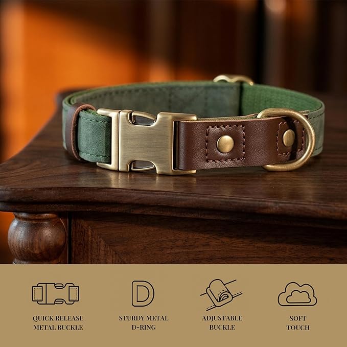 Didog Soft PU Leather Dog Collar for Large Dogs,Classic Adjustable Dog Collars with Quick Release Metal Buckle,Easy Clean and Comfortable with Nylon Lining,Green,L Neck 16-23"