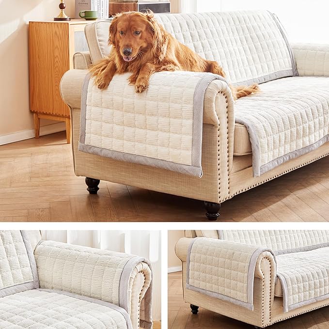 Couch Cover for Dogs Washable,Anti-Slip Back Cat Mat Pet Pad Blanket for Furniture Protector,Fuzzy Pet Sofa Cover for 3 Cushion Couch Sofa Pets Friendly (Ivory, 2pc/28"x28"-Arm/Backrest Cover)