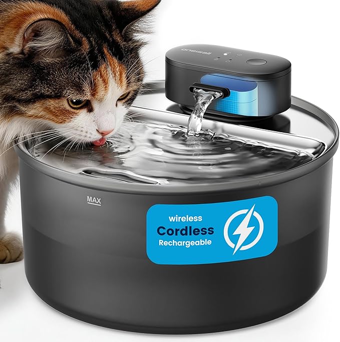 oneisall Cordless Cat Water Fountain: 108oz/3.2L Stainless Steel Cat Water Fountain with Quiet Wireless SilentFlow™ Pump for Cat Small Dog,Rechargeable BPA-Free Water Dispenser for Living Room Kitchen