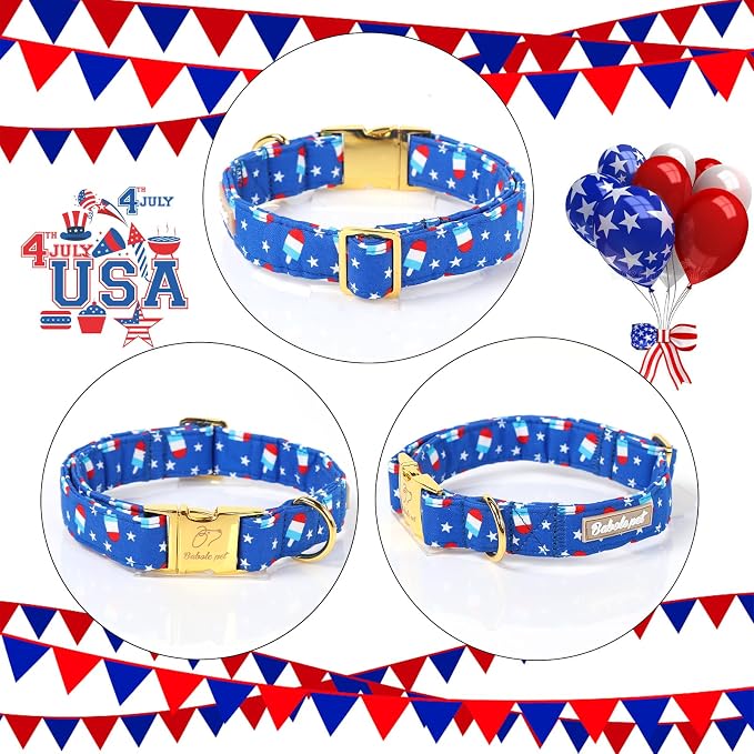 4th of July Dog Collar, Blue Flag Popsicle Patriotic Pet Collar with Metal Buckle, Adjustable Summer Holiday Dog Collars for Small Medium Large Dogs XS