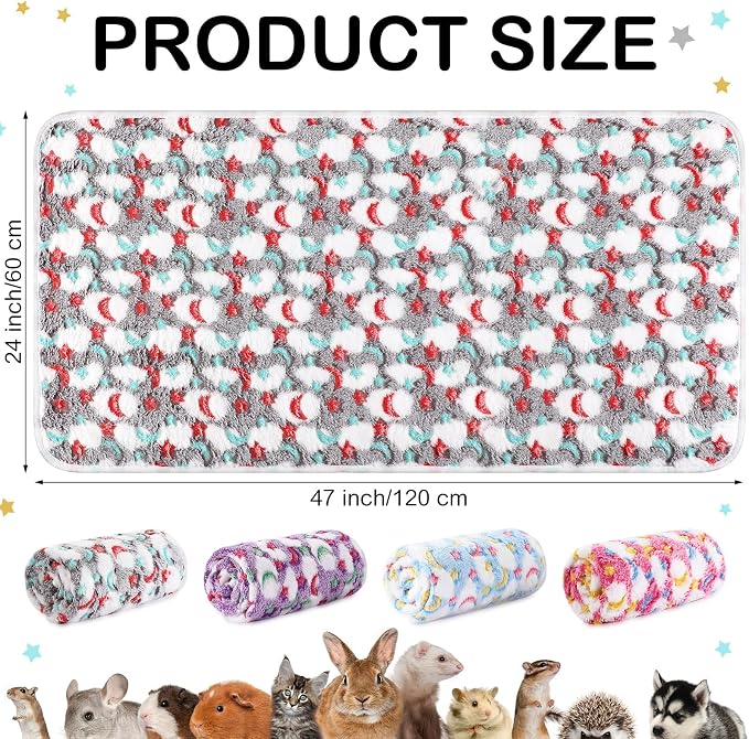 Reginary 4 Pcs Waterproof Guinea Pig Blankets Washable Small Animal Fleece Bedding Absorbent Guinea Pig Cage Liners Reusable Training Pee Pad Pet Sleep Mat for Hamster(Moon Star Pattern,24 x 47 Inch)