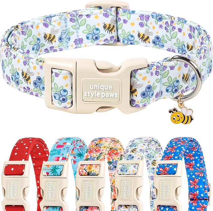 Unique style paws Dog Collar Plastic Buckle with Pendant Puppy Collar for Spring Summer Blueberry Bee for Small Medium Large Boys Girls Dogs