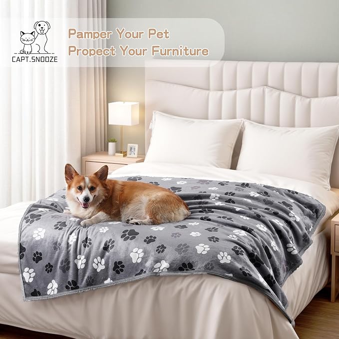 Waterproof Dog Blankets Pet Blanket, 30"x40" Cat Blanket for Indoor Cats, Soft Fluffy Sofa Car Bed Protector, Reversible Sherpa Fleece Puppy Blanket for Small Medium Dogs(Dark Grey-Paws)