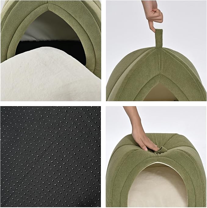 Amazon Basics Cat Cave Bed, 2-in-1 Foldable House for Indoor Cats, with Washable Cushion and Non-Slip Base, 17.5 x 17.5 Inches, Large, Green