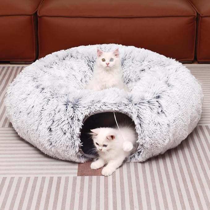 Plush Cat Tunnel with Cat Bed for Indoor Cats, Multifunctional Cat Donut Tunnel for Small Medium Large Cats Kitten Rabbit Puppies (Grey)