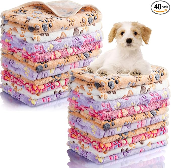 Chumia 40 Pcs Dog Blankets Soft Fluffy Fleece Washable Puppy Sleep Blankets Small Mat for Pets Throw Warm Bed Mat for Dog Puppy Cat (Pink,White,Brown,Purple,Paw)